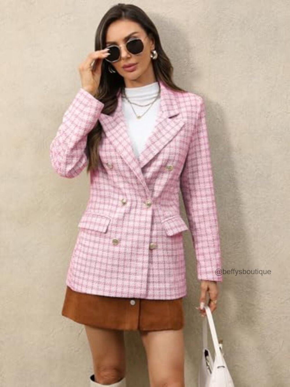 Oversized Plaid Tweed Blazer Double Breasted Boyfriend Style Jacket - Picture 5 of 7
